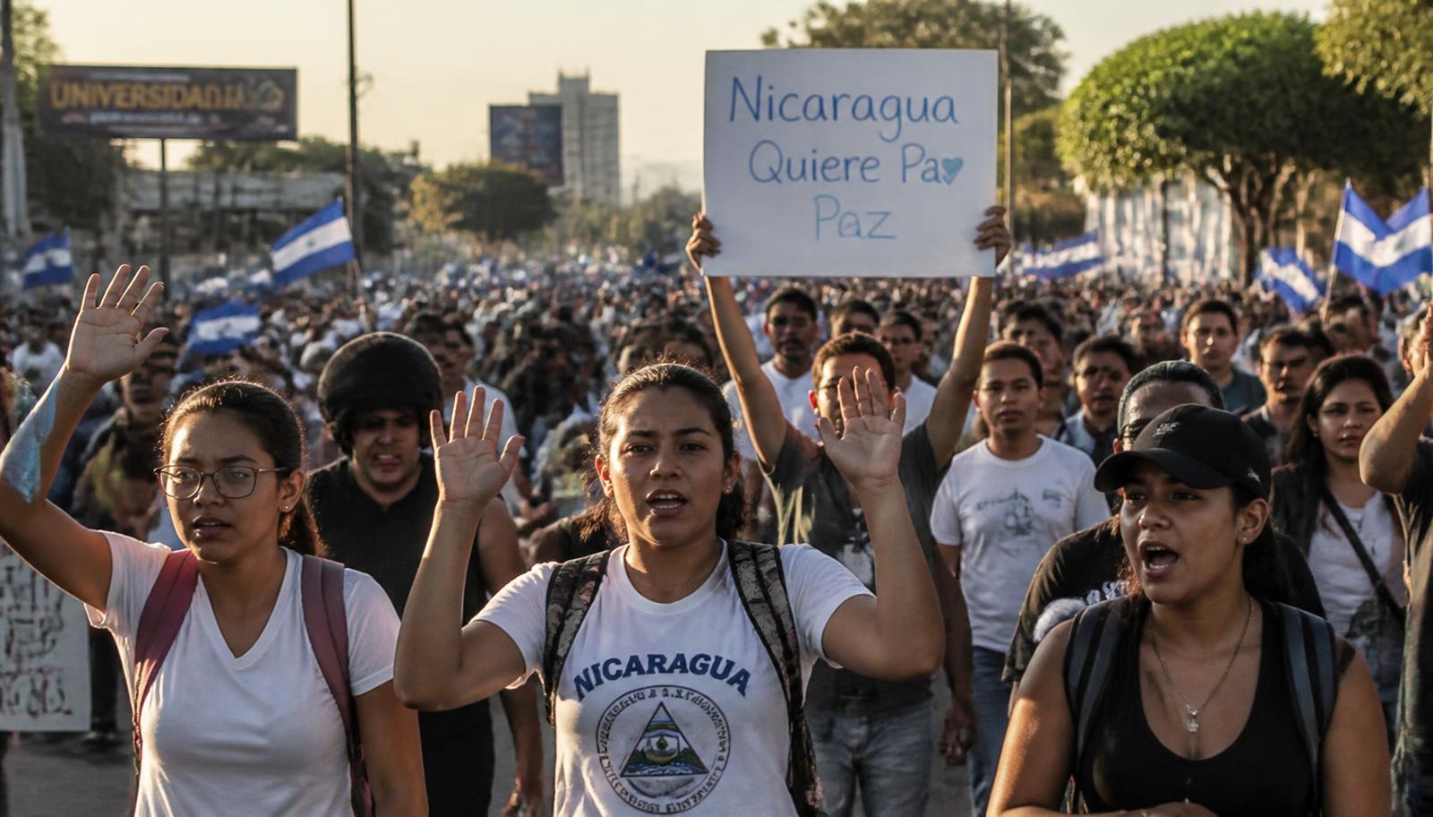 Marcha ciudadana pacífica en Nicaragua durante abril de 2018 con banderas azul y blanco